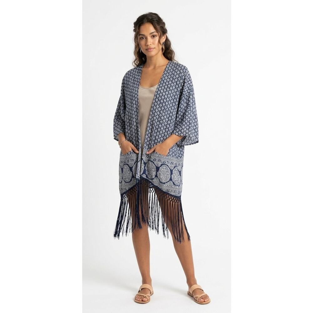 PREMISE Women's Kimono With Fringe ONE SIZE Polyester Viscose Navy White Black